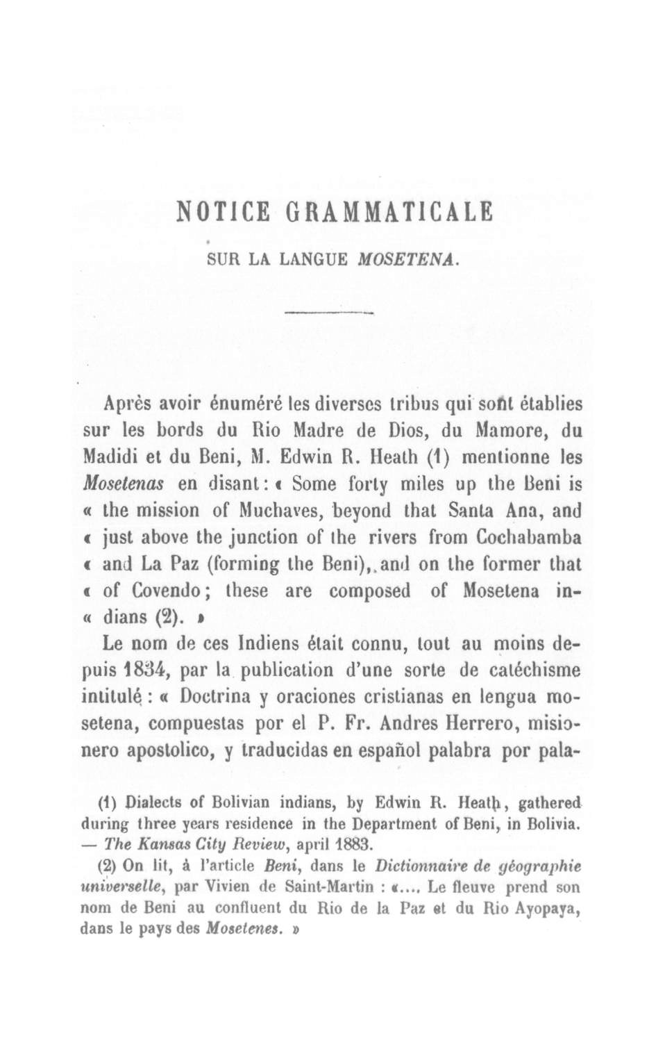 Notice grammaticale sur la langue Mosetena /