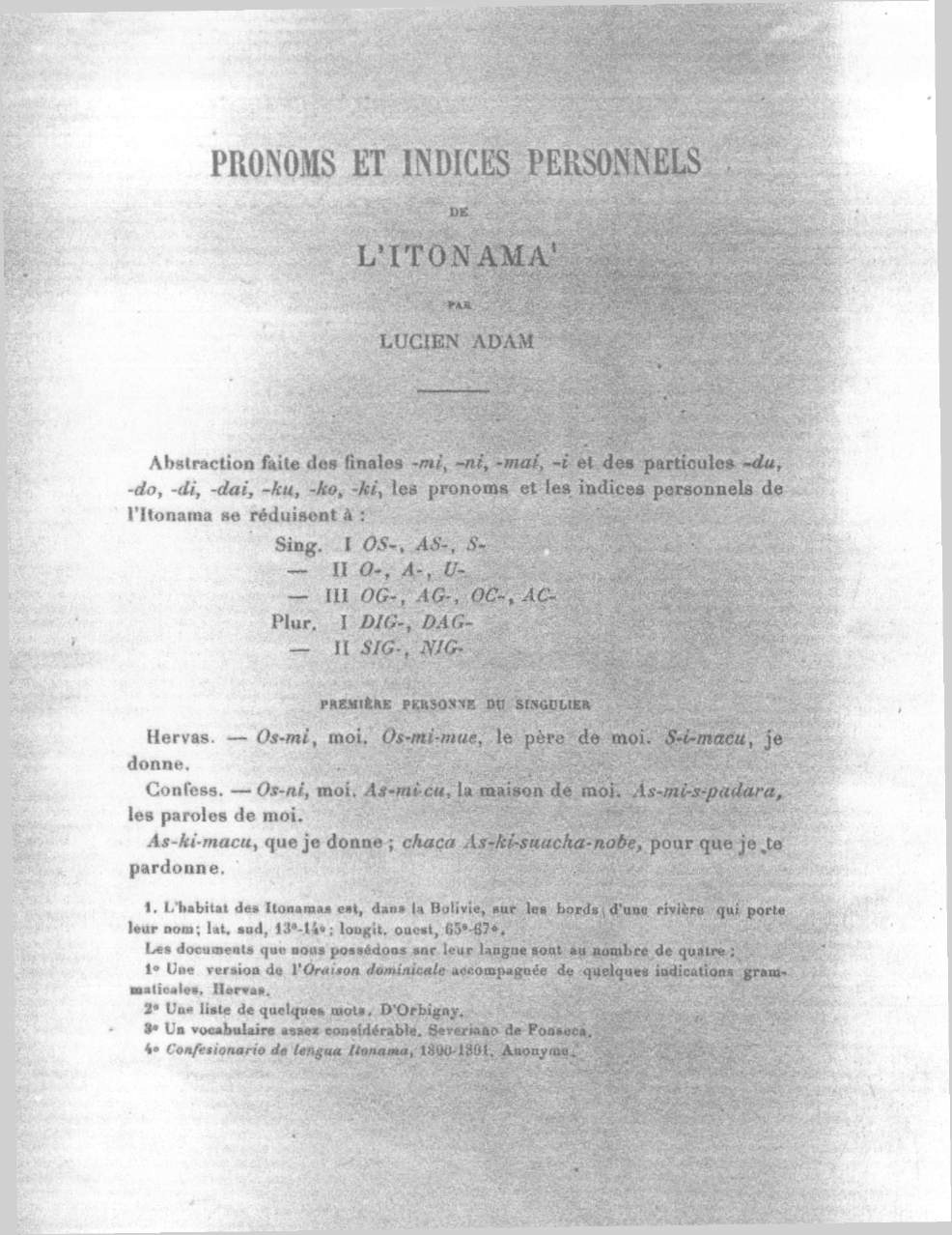 Pronoms et Indices personnels de l'Itonama /