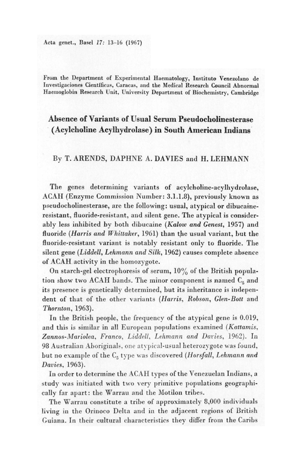 Absence of variants of usal serum pseudocholinesterase (acylcholine acylhydrolase) in South American indians /