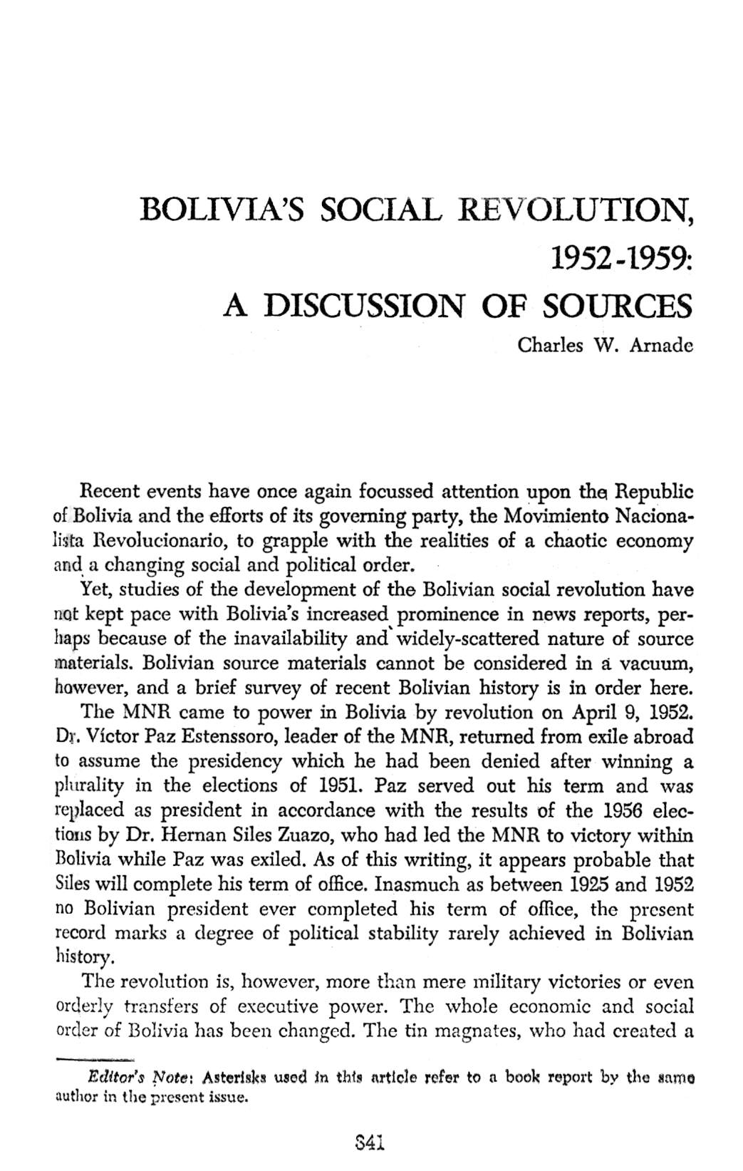 Bolivia's Social Revolution, 1952-1959 : a Discussion of Sources /