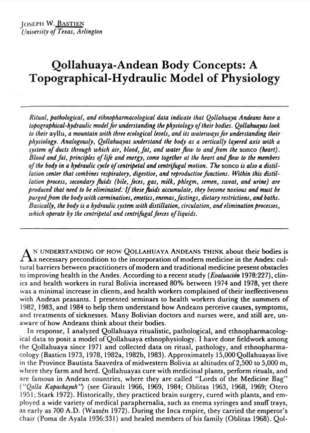 Qollahuaya-Andean Body Concepts: A Topographical-Hydraulic Model of Physiology /