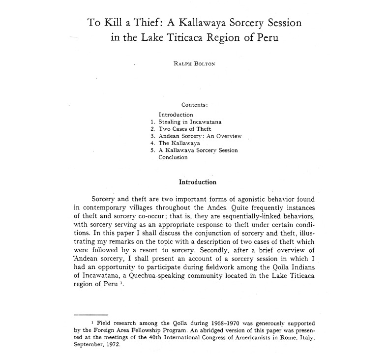 To kill a thief : A Kallawaya sorcery session in the Lake Titicaca region of Peru /
