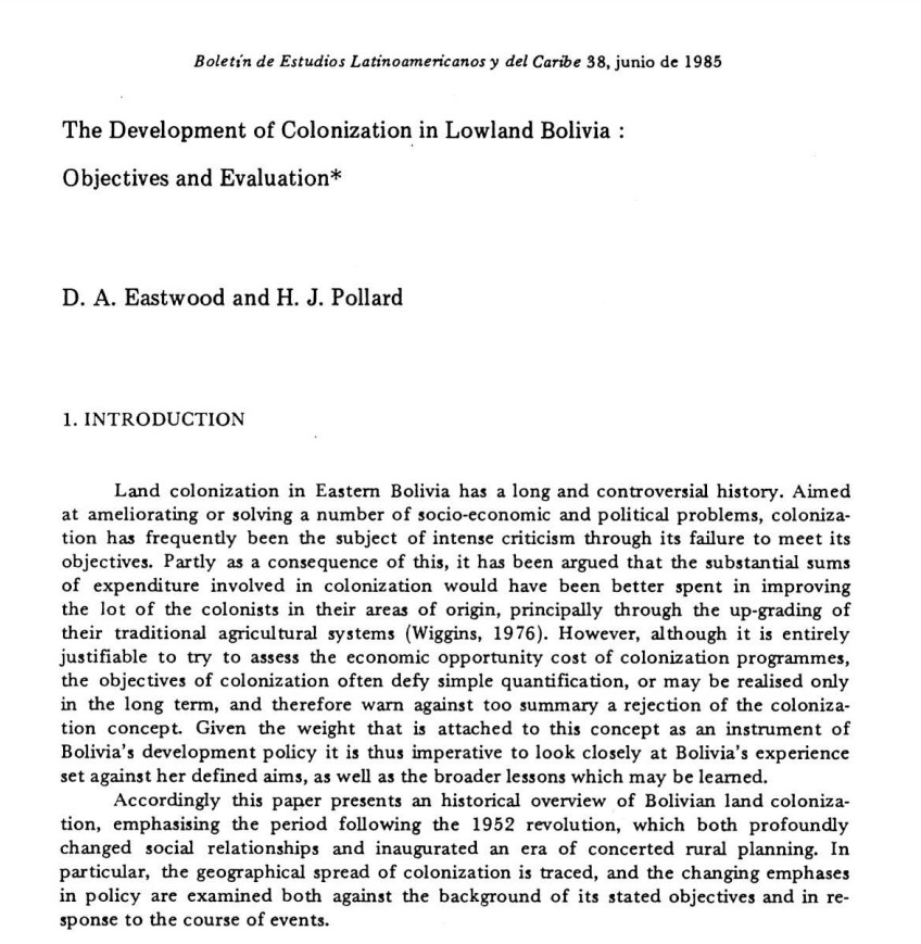 The development of colonization in lowland Bolivia : Objectives and Evaluation /