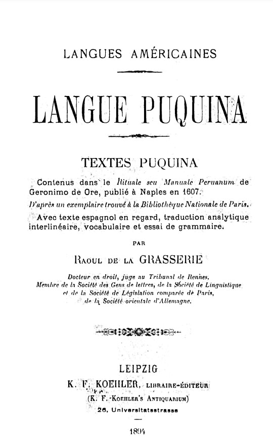 Langue Puquina : textes puquina contenus dans le rituale seu manuale peruanum de geronimo de oré, publié à Naples en 1607 /