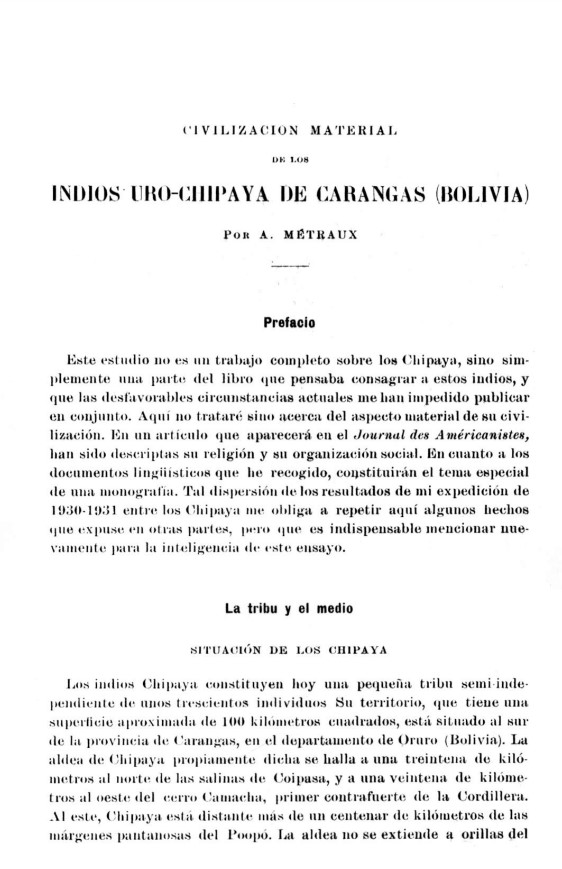 Civilización material de los indios uru-chipaya de Carangas (Bolivia) /
