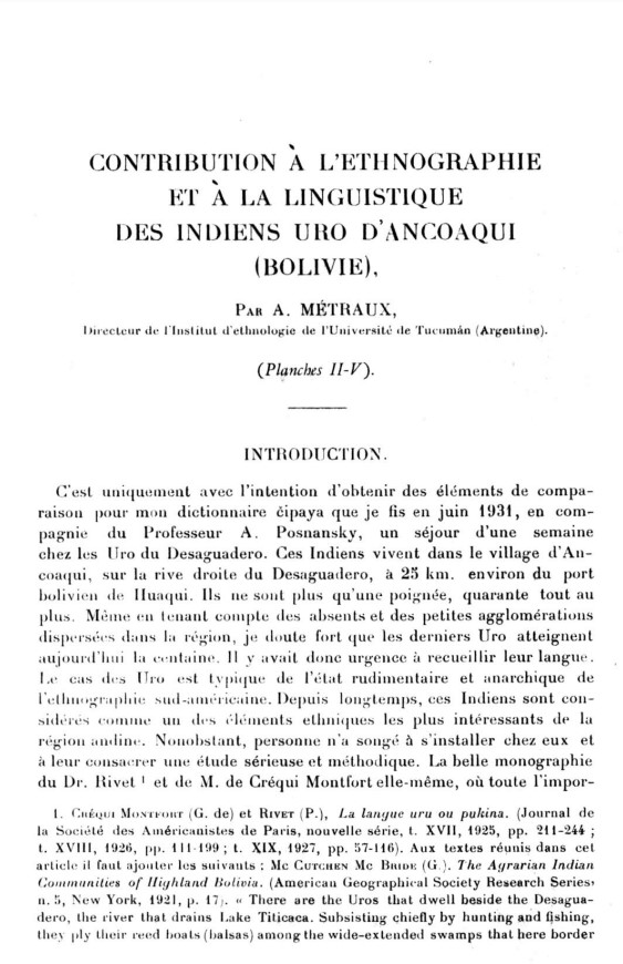 Contribution à l'ethnographie et à la linguistique des Indiens Uro d'Ancoaqui (Bolivie) /