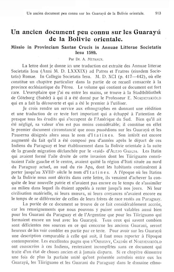 Un ancien document peu connu sur les Guarayu de la Bolivie orientale : missio in provinciam Santae Crucis in Annuae litterarae Societatis Jesu 1589 /