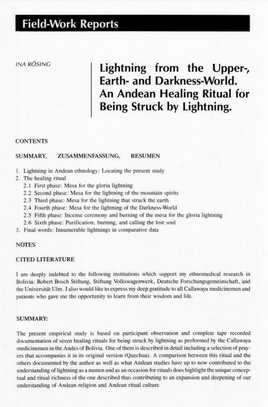 Lightning from the upper-, Heart- and Darkness- World : an Andean healing ritual for being struck by Lightning /