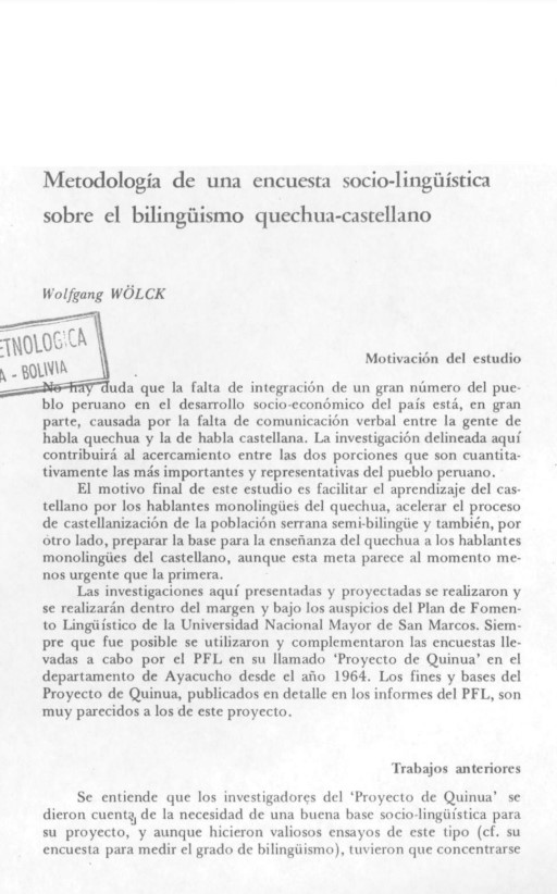 Metodología de una encuesta socio-lingüística sobre el bi-lingüismo quechua-castellano /
