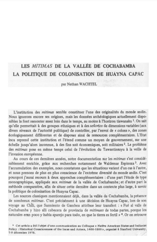 Les mitimas de la vallée de Cochabamba : la politique de colonisation de Huayna Capac /