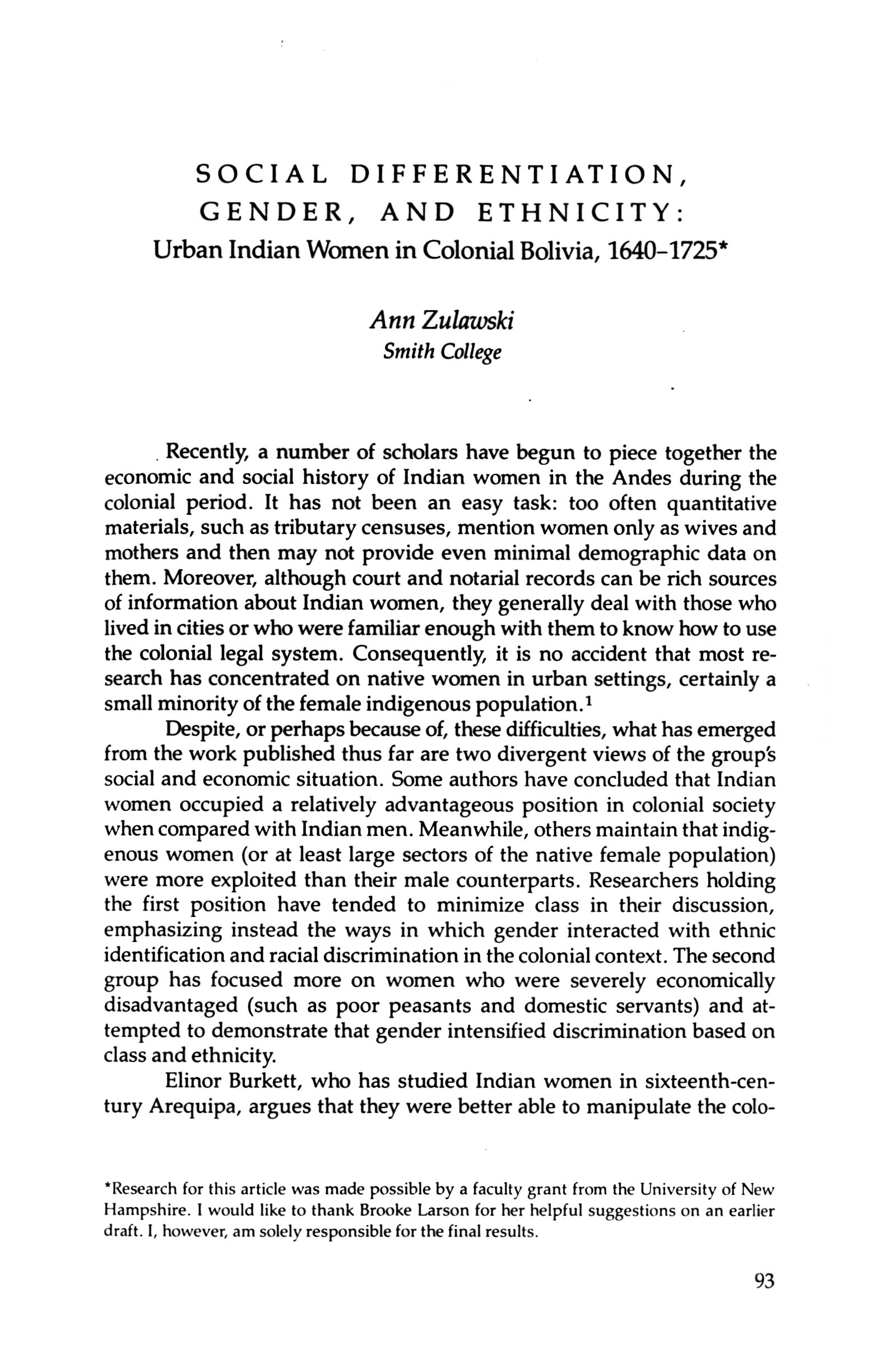 Social Differentiation, Gender, and Ethnicity : urban Indian Women in Colonial Bolivia, 1640-1725 /